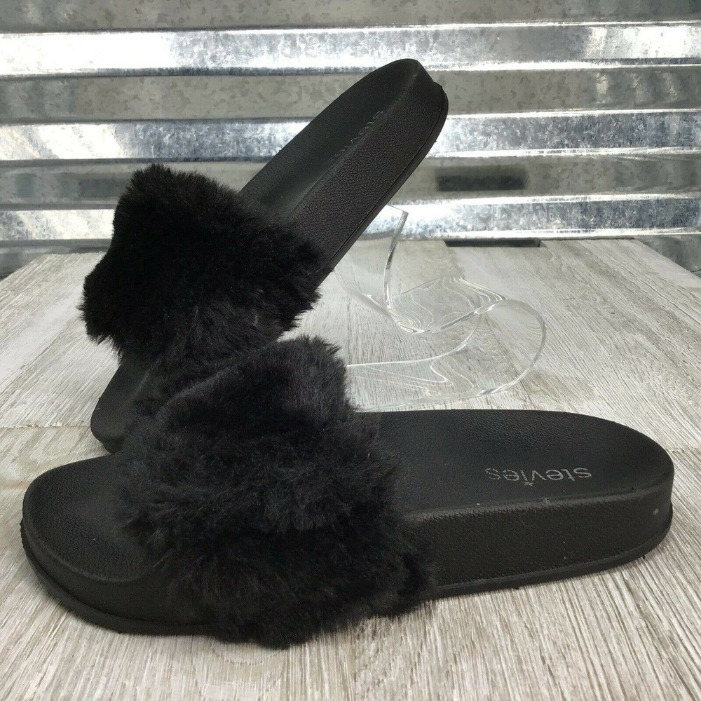 Stevies Girls Black Fuzzy Slides Sandal